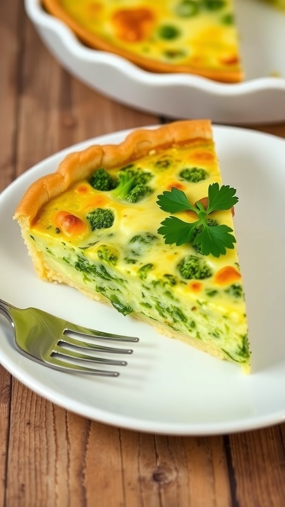 A slice of broccoli cheese quiche with a golden crust and green filling, garnished with parsley on a rustic table.
